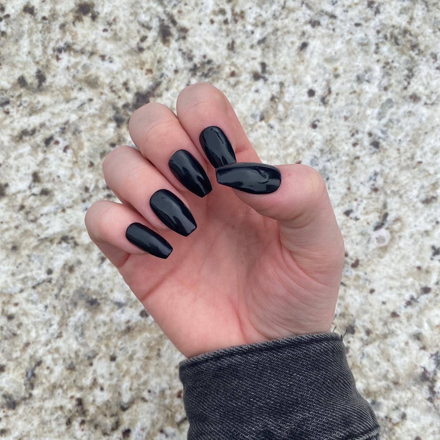 13. Classic Glossy Black Coffin Nails - short black coffin nail ideas
