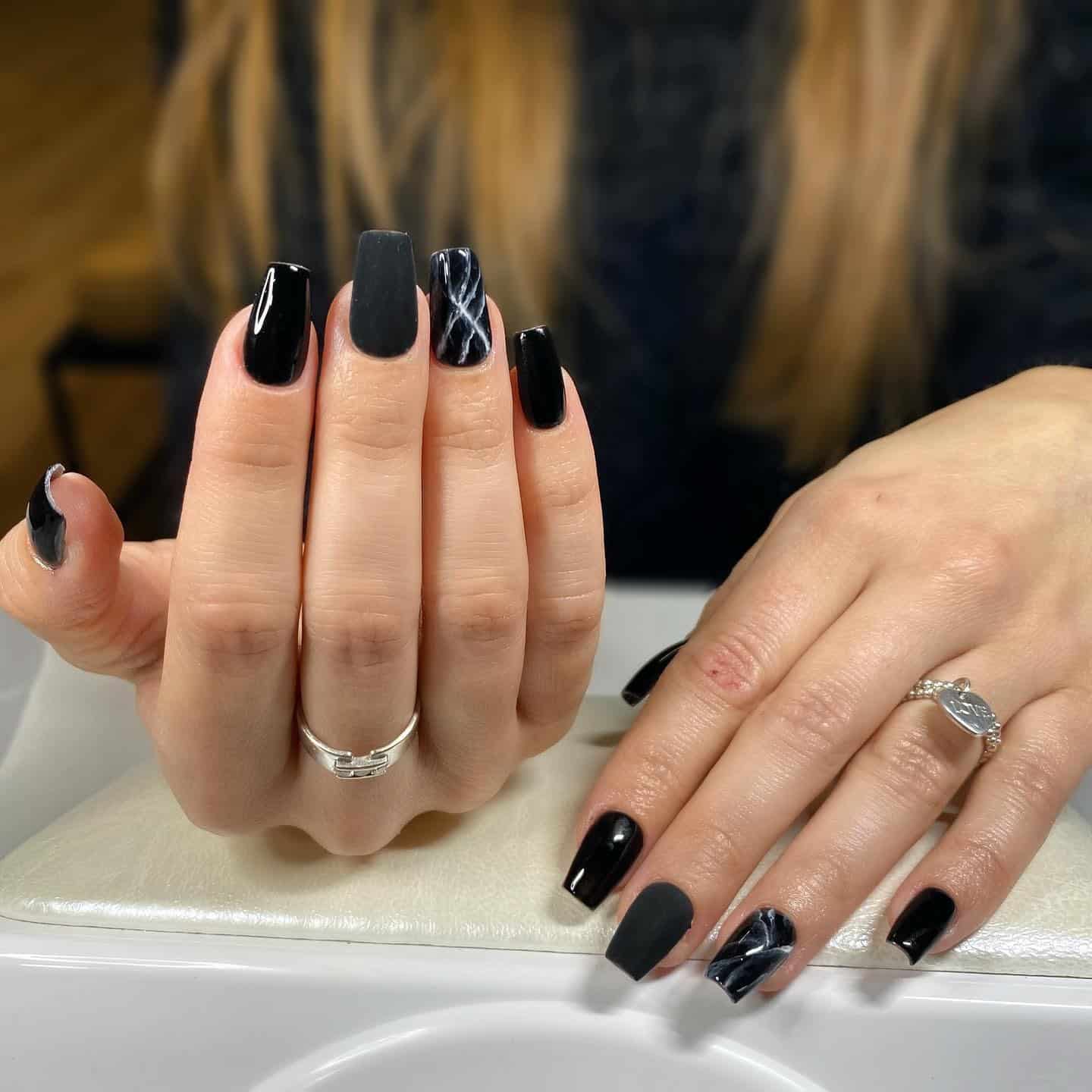 15. Black Marble and Matte Coffin Nail Set - short black coffin nail ideas