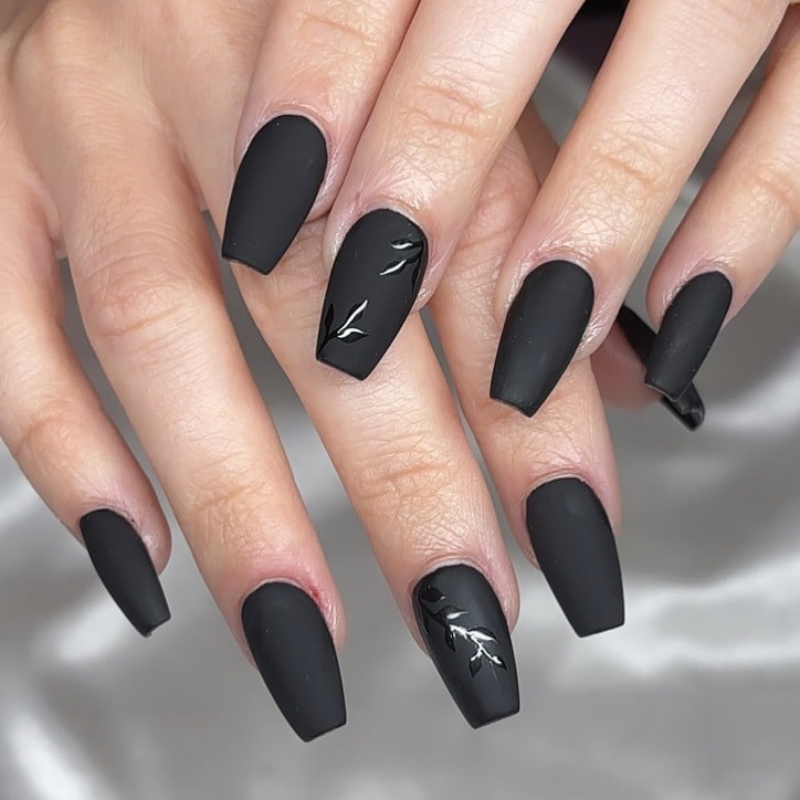 16. Matte Black Coffin Nails with Leaf Nail Art - short black coffin nail ideas