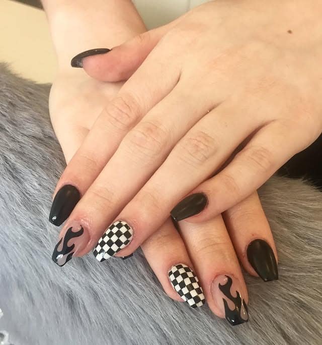 17. Black Flame and Checkerboard Coffin Nails - short black coffin nail ideas