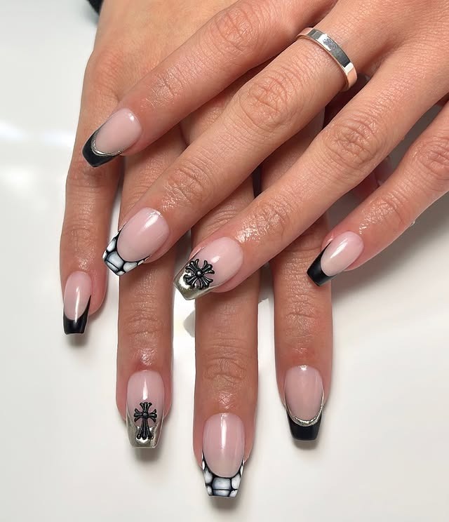 18. Black French Tip Coffin Nails with Chrome Cross Art - short black coffin nail ideas