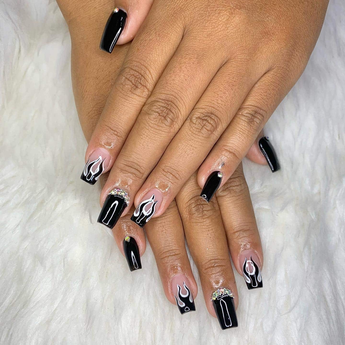 20. Black Flame Coffin Nails with Rhinestone Details - short black coffin nail ideas