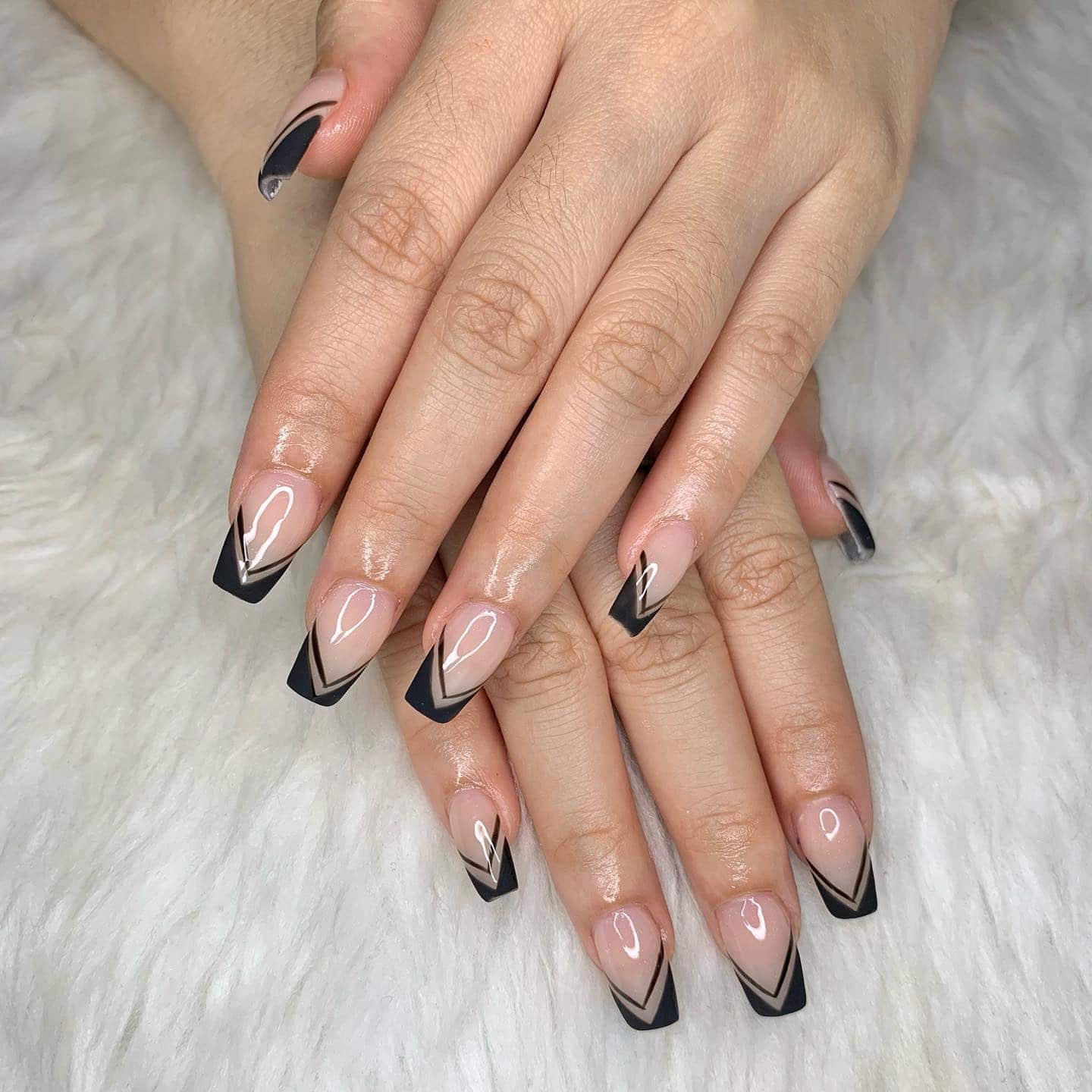 21. Black Double V French Coffin Nails - short black coffin nail ideas