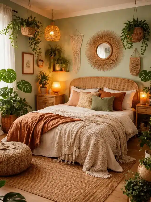 1. Sage Green Boho Bedroom with Rattan Accents - boho bedroom ideas