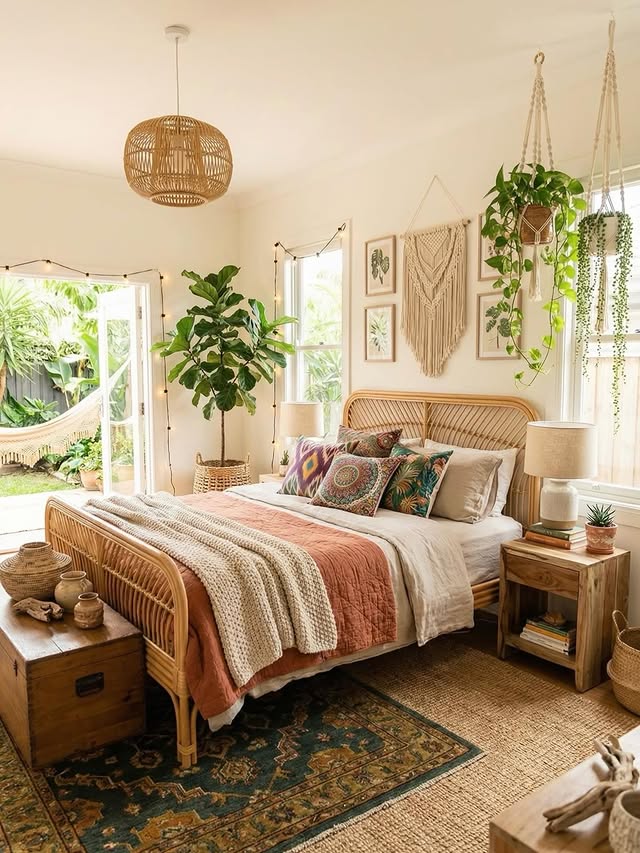 2. Tropical Neutral Boho Bedroom with Natural Wood Decor - boho bedroom ideas