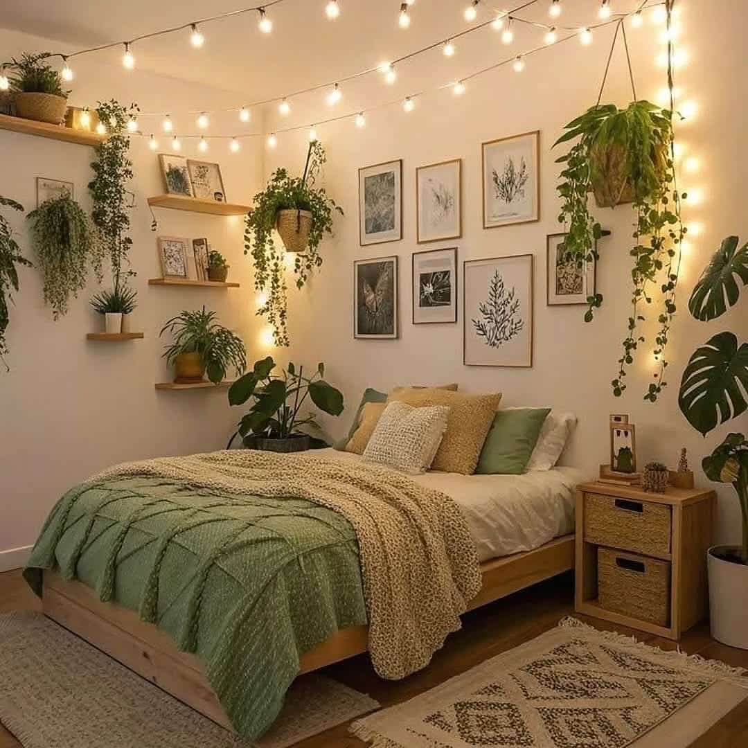 3. Cozy Earth-Tone Boho Bedroom with String Lights - boho bedroom ideas