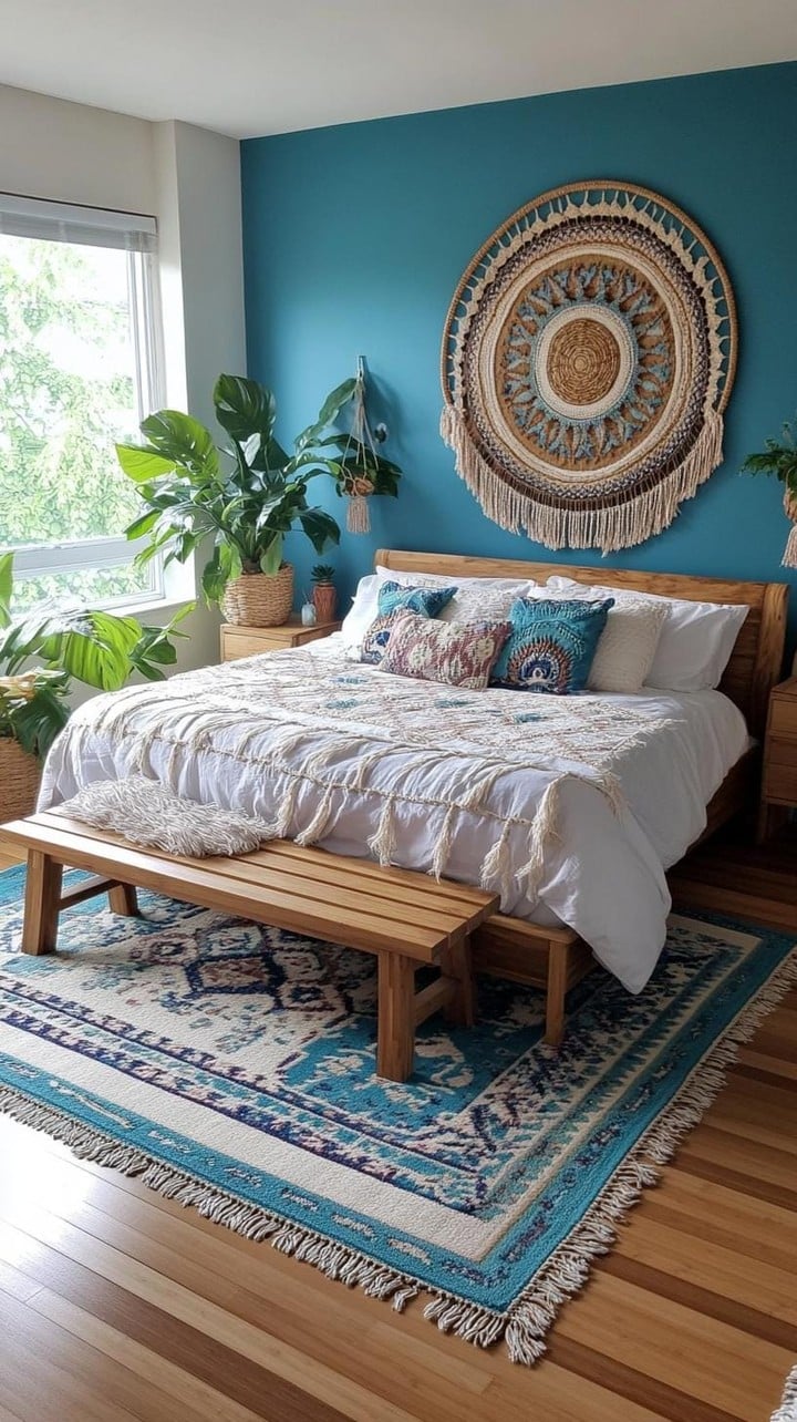 4. Teal Boho Bedroom with Global-Inspired Wall Decor - boho bedroom ideas