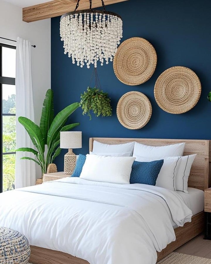 5. Navy Blue Boho Bedroom with Woven Wall Art - boho bedroom ideas