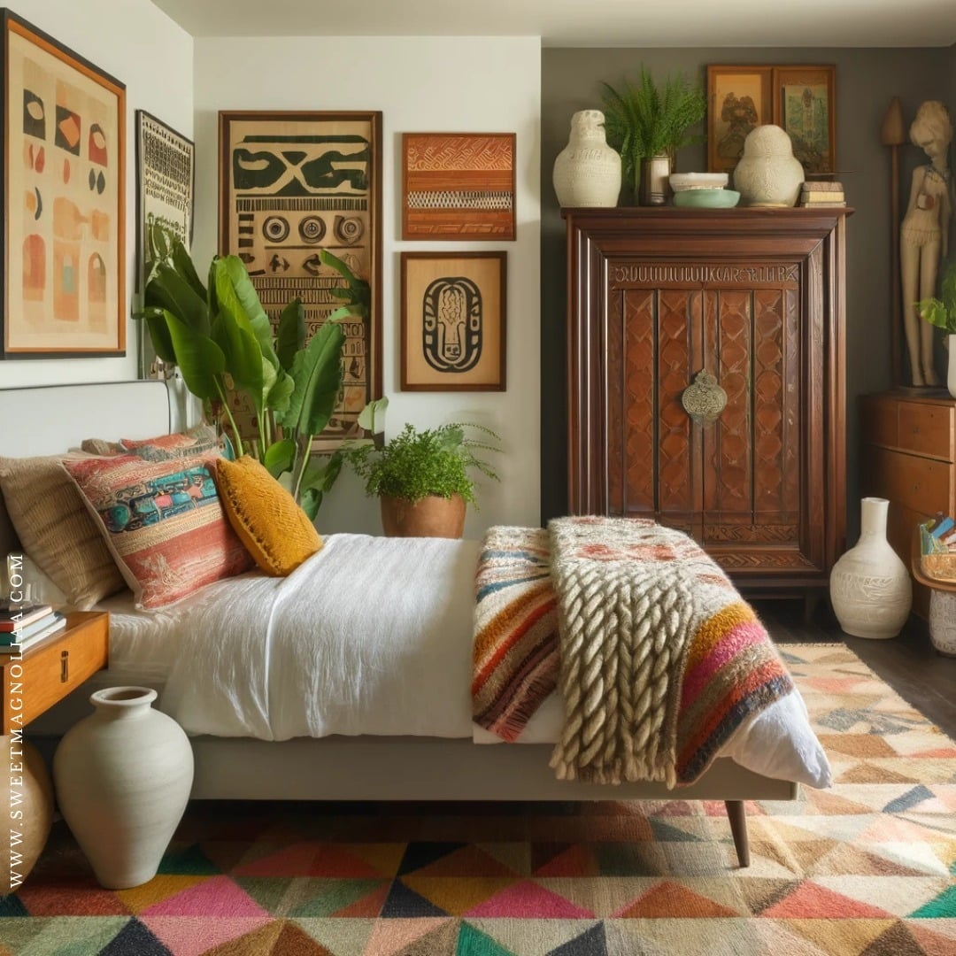 8. Vintage Eclectic Boho Bedroom with Tribal Patterns - boho bedroom ideas