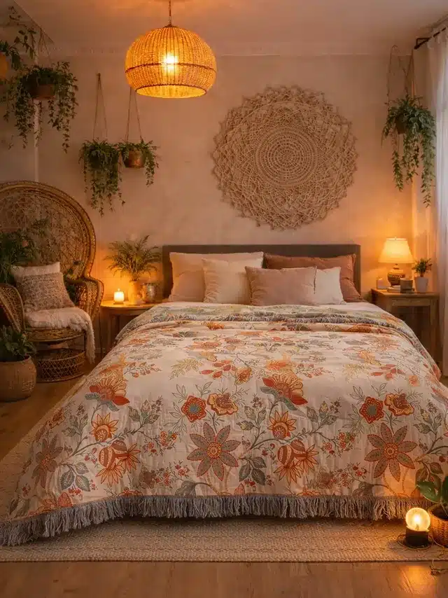 9. Romantic Boho Bedroom with Floral Bedding - boho bedroom ideas