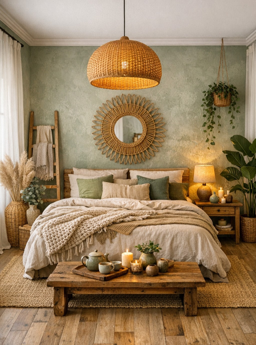 11. Sage Green Boho Bedroom with Rustic Wood Accents - boho bedroom ideas