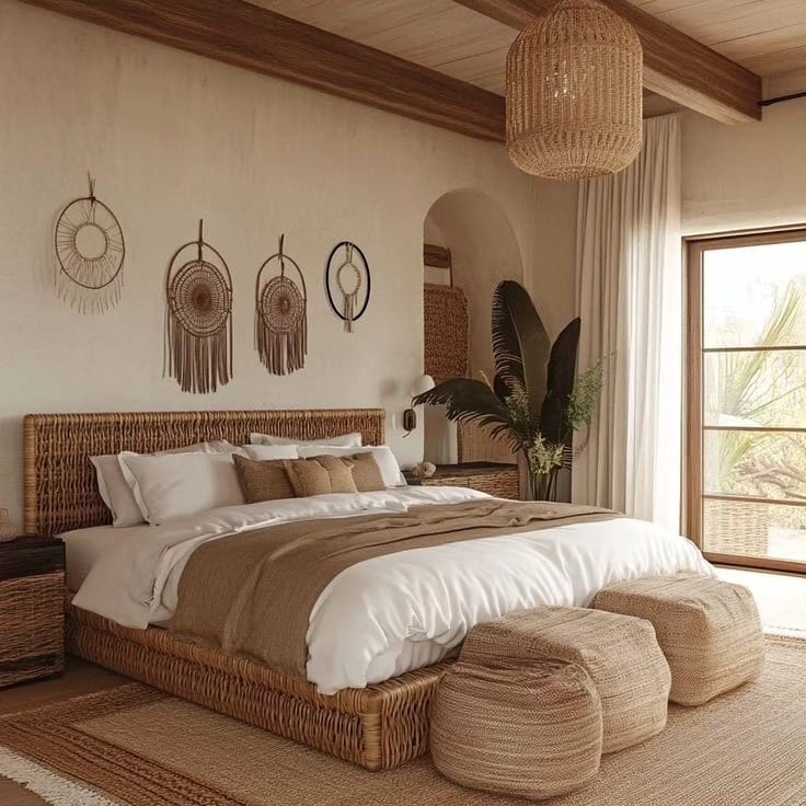 13. Earthy Beige Boho Bedroom with Woven Furniture - boho bedroom ideas