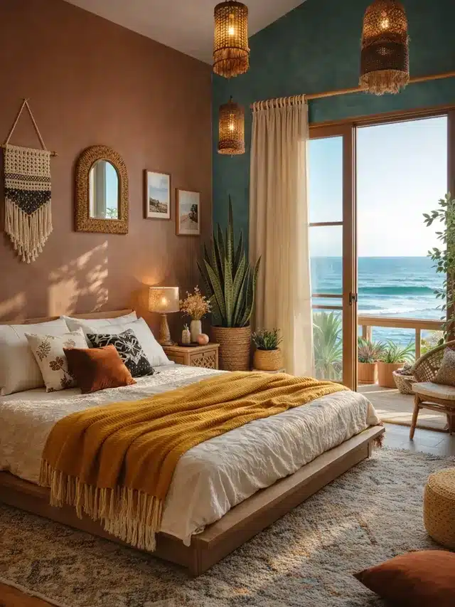 14. Coastal Boho Bedroom with Terracotta and Teal Walls - boho bedroom ideas