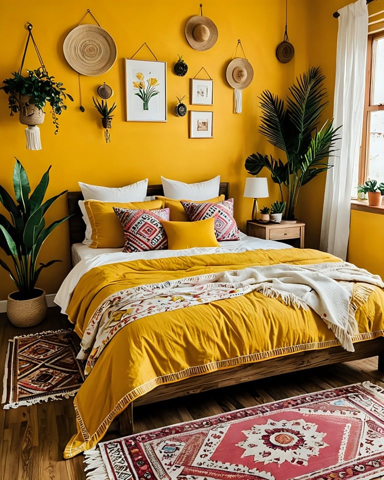 15. Mustard Yellow Boho Bedroom with Eclectic Decor - boho bedroom ideas