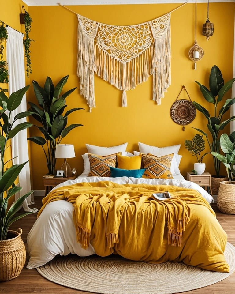 17. Golden Yellow Boho Bedroom with Macramé Wall Art - boho bedroom ideas