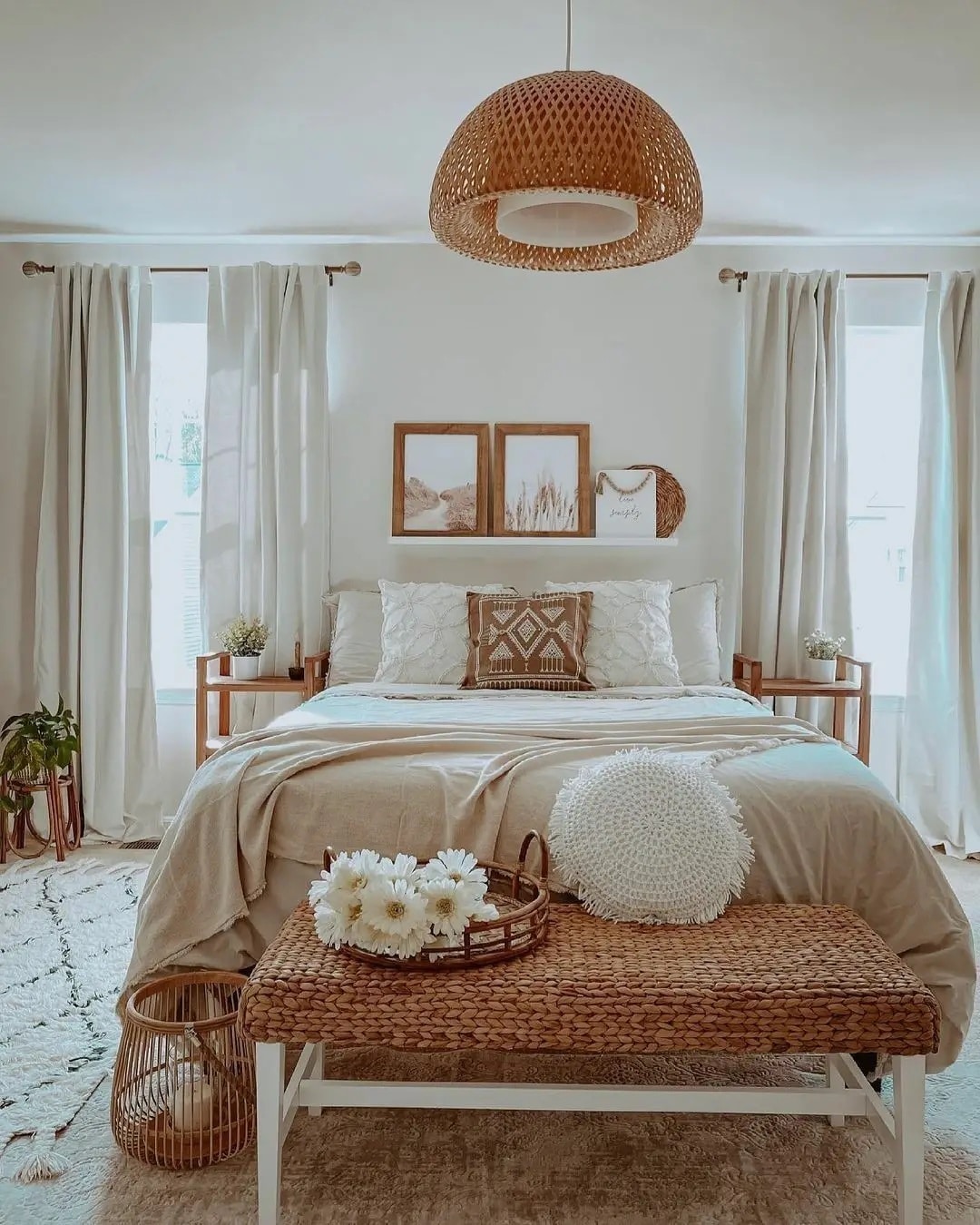 20. Bright Neutral Boho Bedroom with Woven Details - boho bedroom ideas