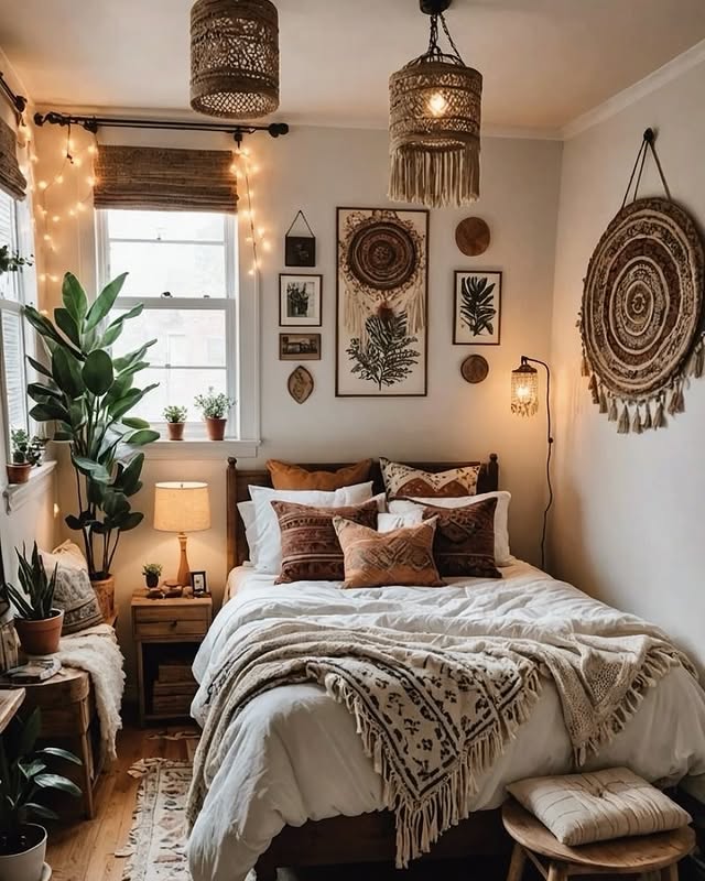 21. Earth-Tone Boho Bedroom with Layered Wall Decor - boho bedroom ideas