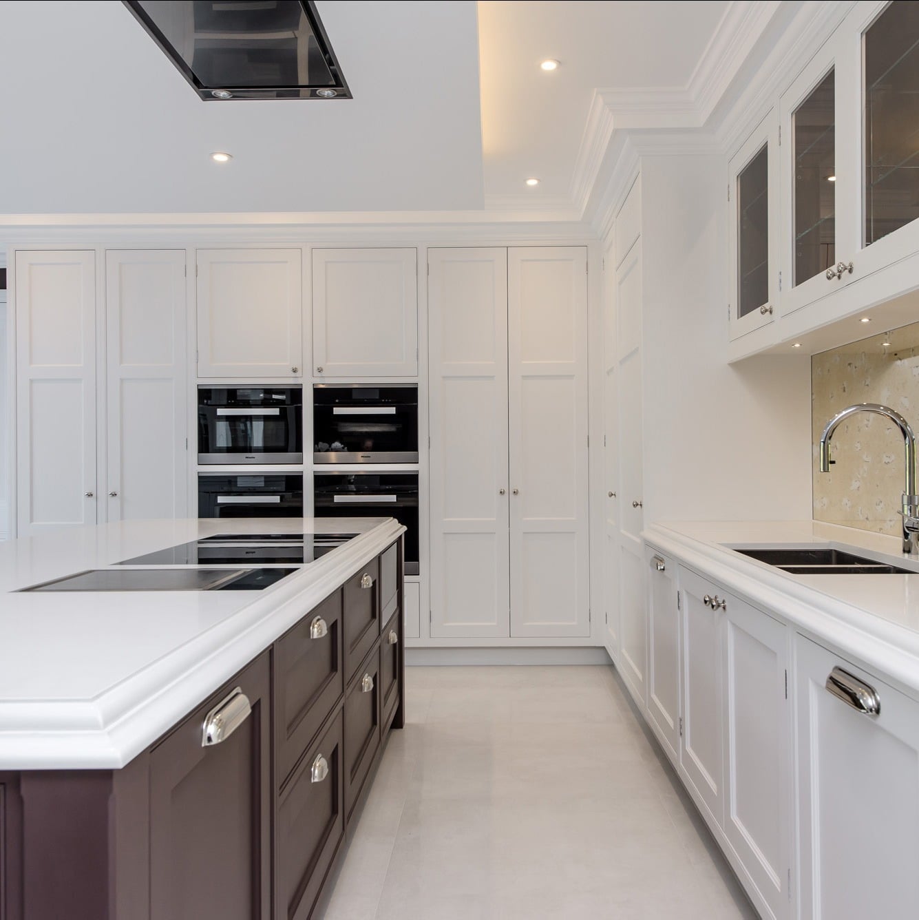 13. Classic White Kitchen With Espresso Island - white kitchen ideas