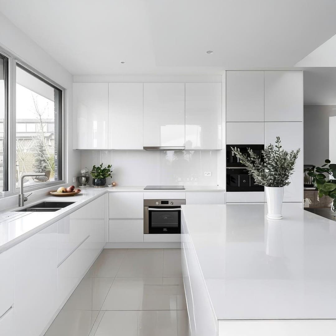 21. Glossy White Minimalist Kitchen With Integrated Storage - white kitchen ideas
