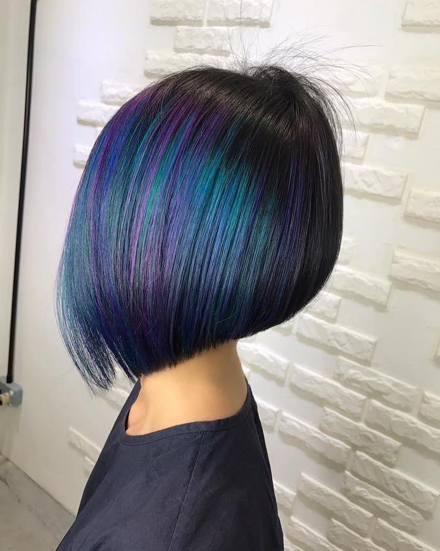 16. Midnight Black Bob with Blue and Violet Panels - Classic Bob Cut