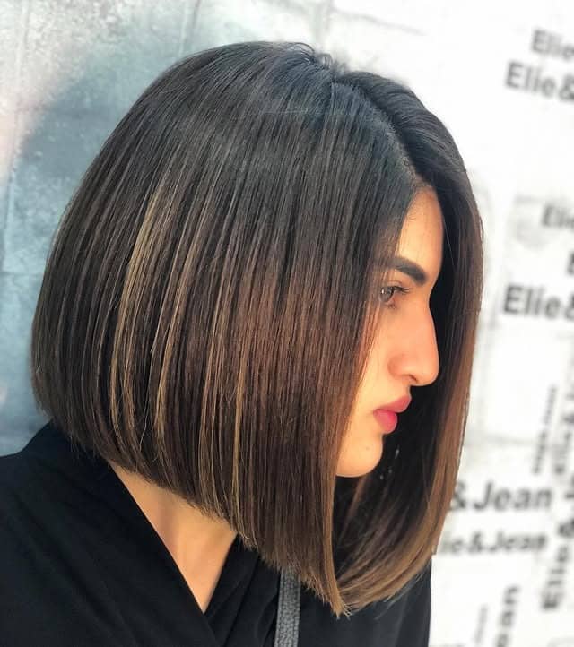 22. Espresso Brown Angled Bob with Caramel Highlights - Classic Bob Cut