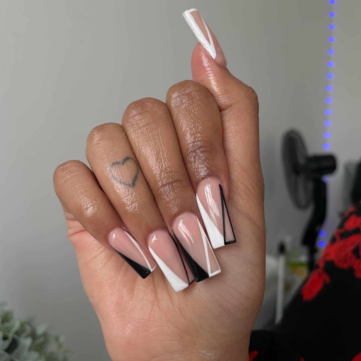 1. Black and White Geometric French Tip Nails - black and white nail ideas