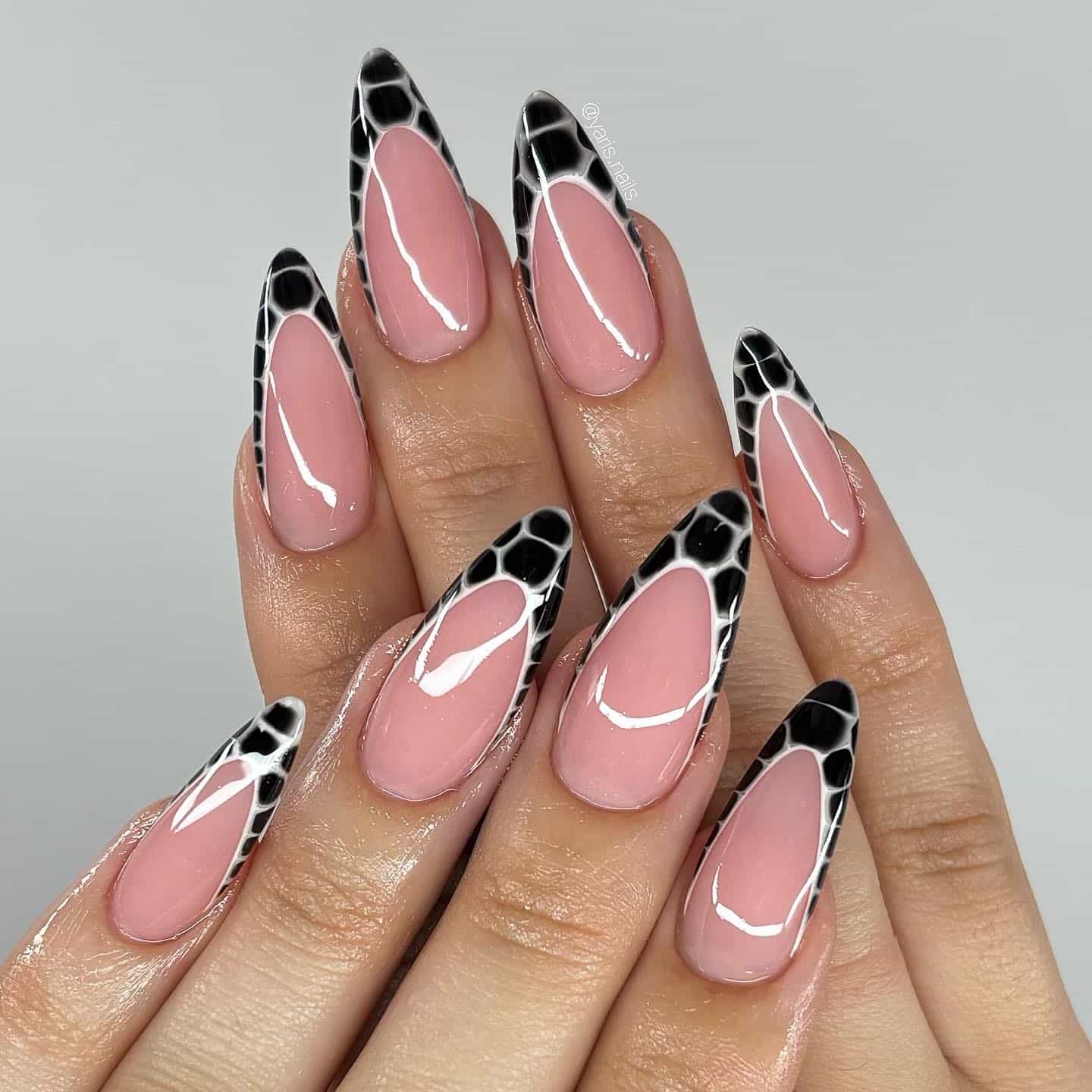 4. Pink Almond Nails with Black Croc Outline - black and white nail ideas