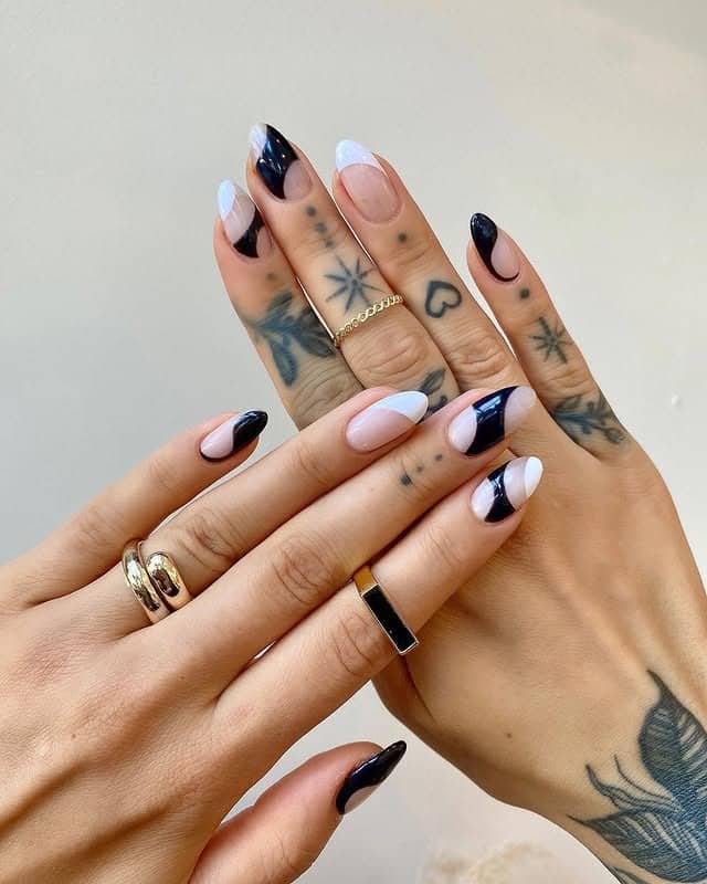 11. Black and White Color Block Almond Nails - black and white nail ideas