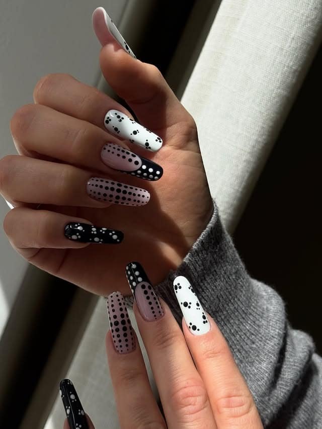 15. Polka Dot Black and White Coffin Nails - black and white nail ideas