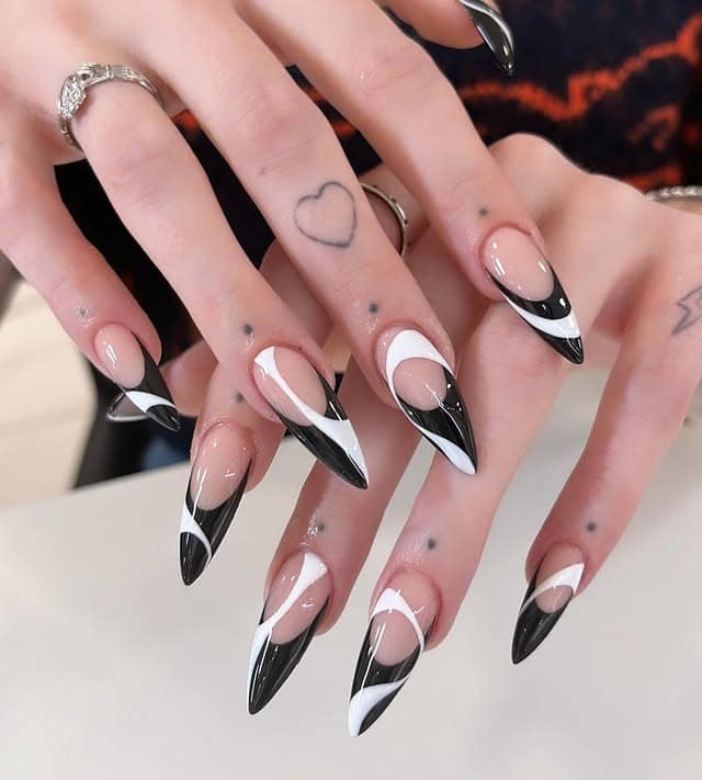 17. Black and White Abstract Stiletto Nails - black and white nail ideas