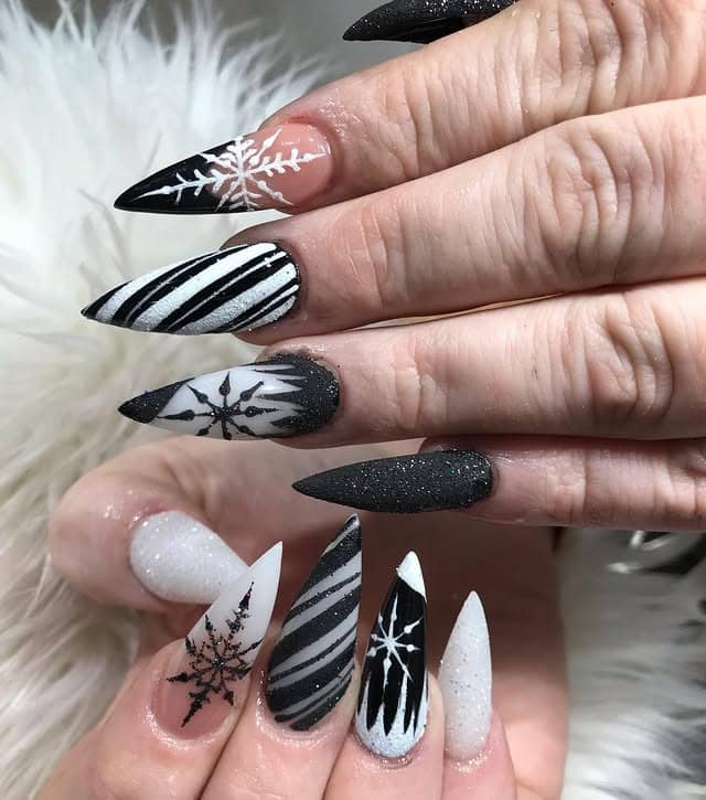 19. Black and White Winter Stiletto Nails - black and white nail ideas