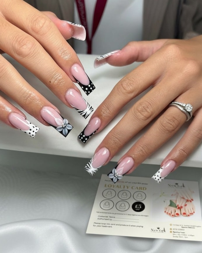 22. Black and White Mixed Print Square Nails - black and white nail ideas