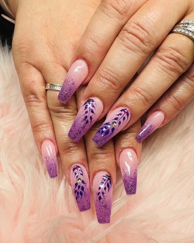 2. Lavender Glitter Botanical Coffin Nails - nature nail ideas