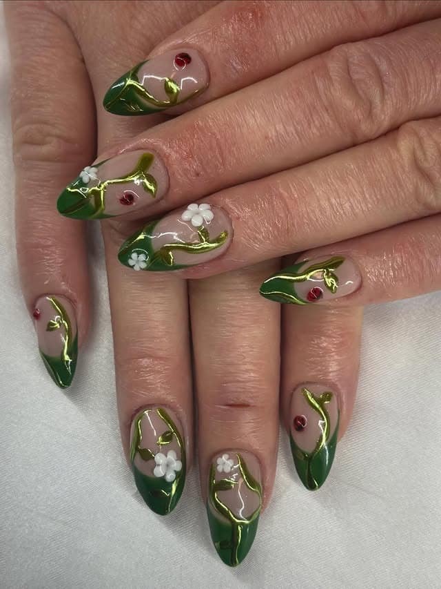 8. Emerald Vine Almond Nails - nature nail ideas