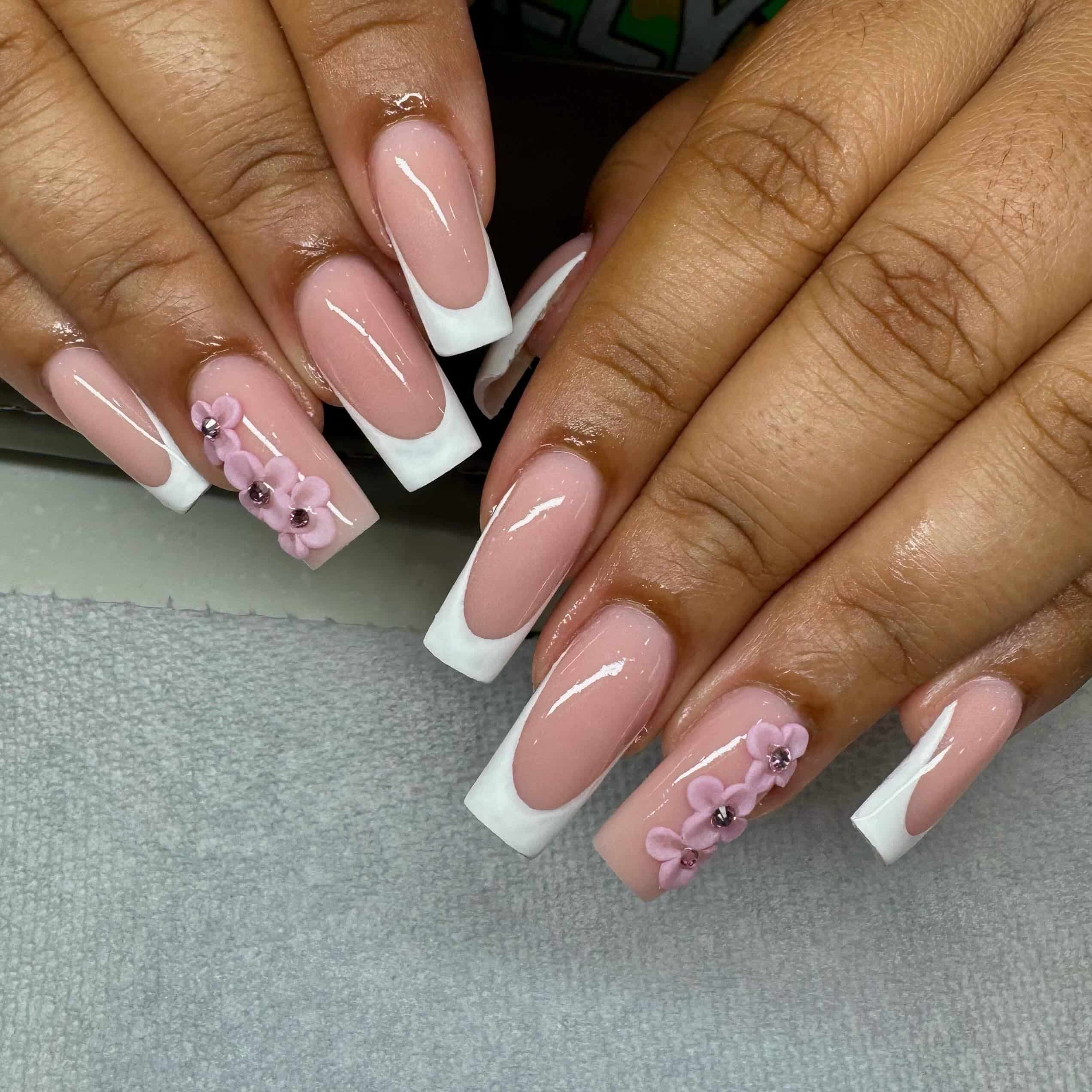 14. Blush Pink Floral French Coffin Nails - nature nail ideas