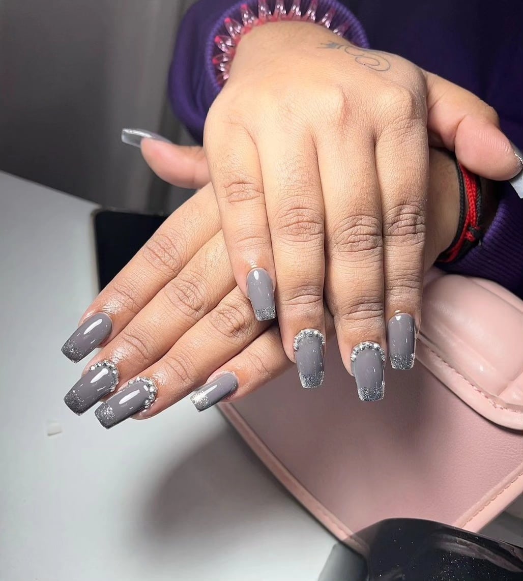 15. Smoky Gray Glitter Square Nails - nature nail ideas