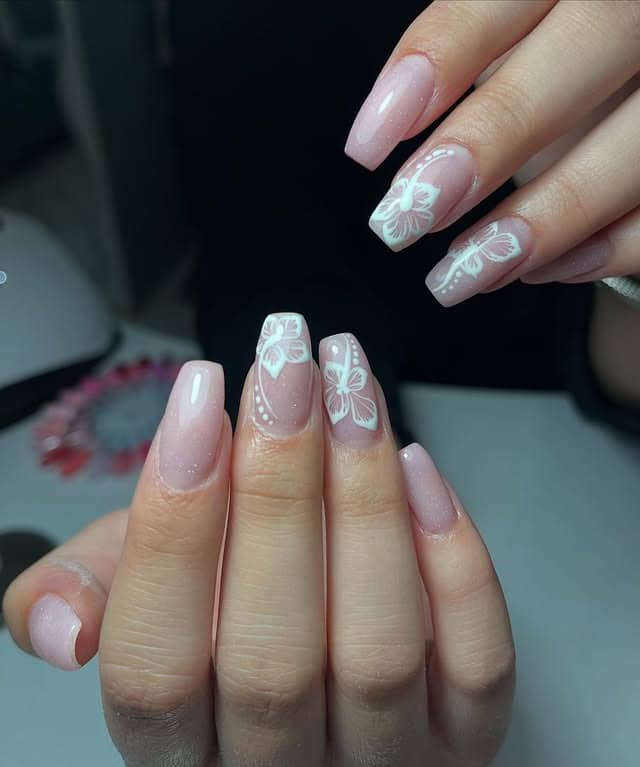 16. Soft Pink Butterfly Coffin Nails - nature nail ideas