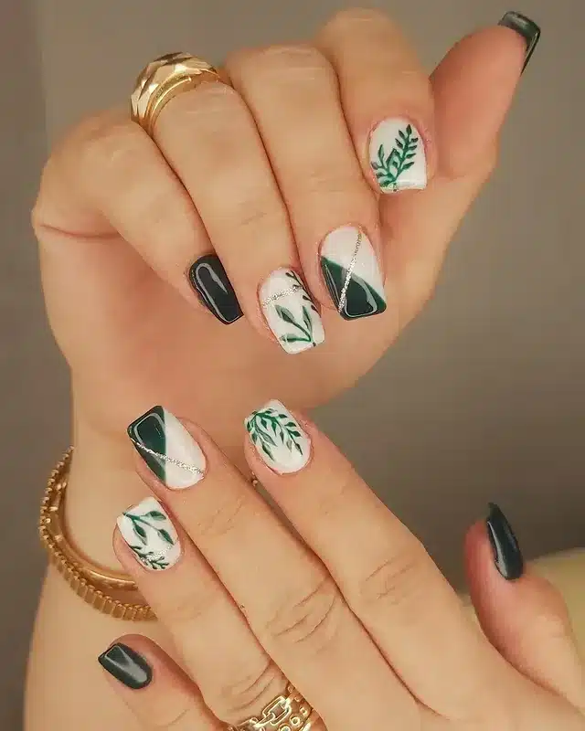 17. Forest Green Botanical Short Nails - nature nail ideas