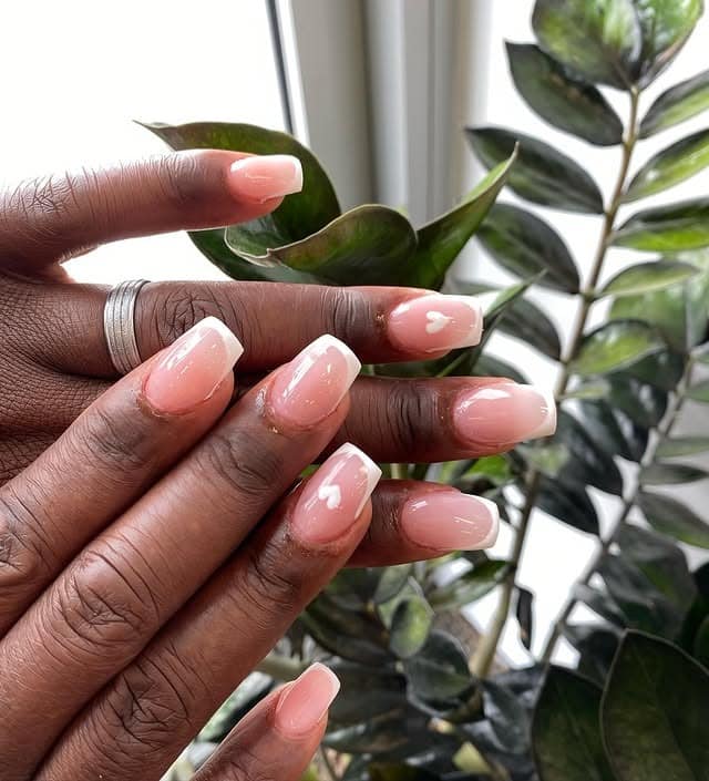 20. Milky Pink Heart French Square Nails - nature nail ideas