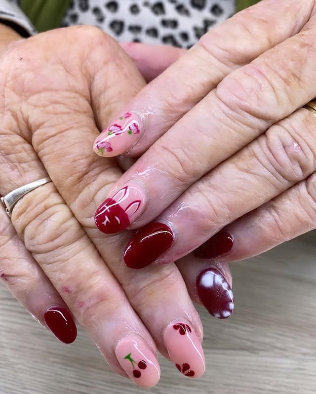 22. Cherry Red Fruit Art Oval Nails - nature nail ideas