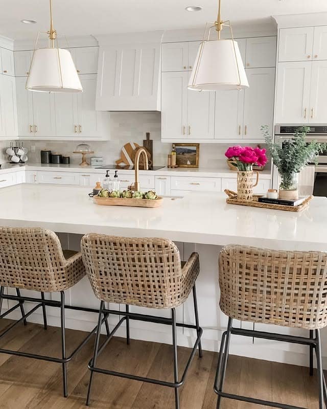 10. Modern White Kitchen With Gold Framed Pendant Shades - white and gold kitchen ideas