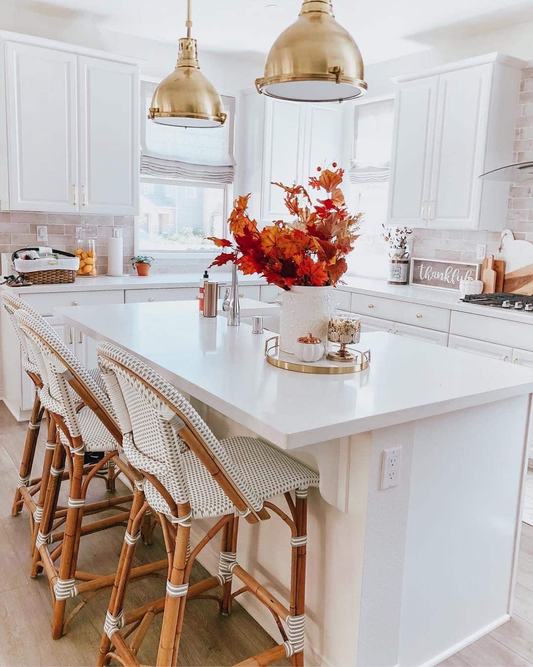 17. White Kitchen With Gold Dome Pendant Lighting - white and gold kitchen ideas