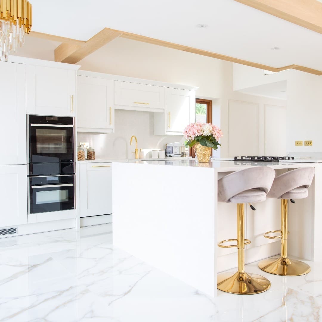 18. Contemporary White and Gold Kitchen With Marble Floors - white and gold kitchen ideas