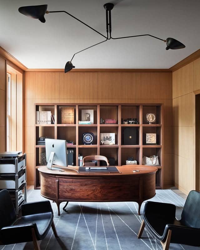 1. Warm Walnut Executive Office with Mid-Century Styling - professional office decor ideas