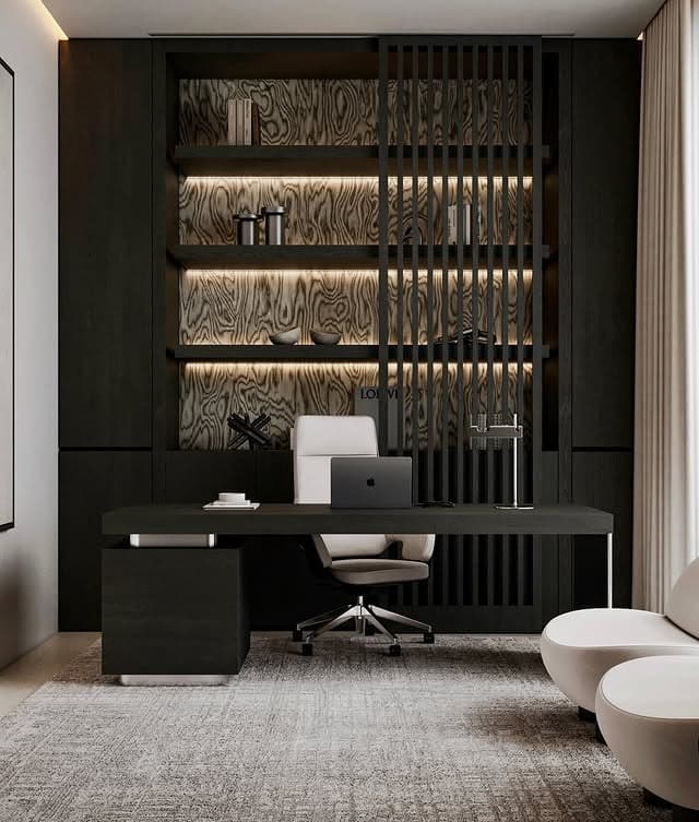 2. Charcoal Black Office with Textured Wood Details - professional office decor ideas