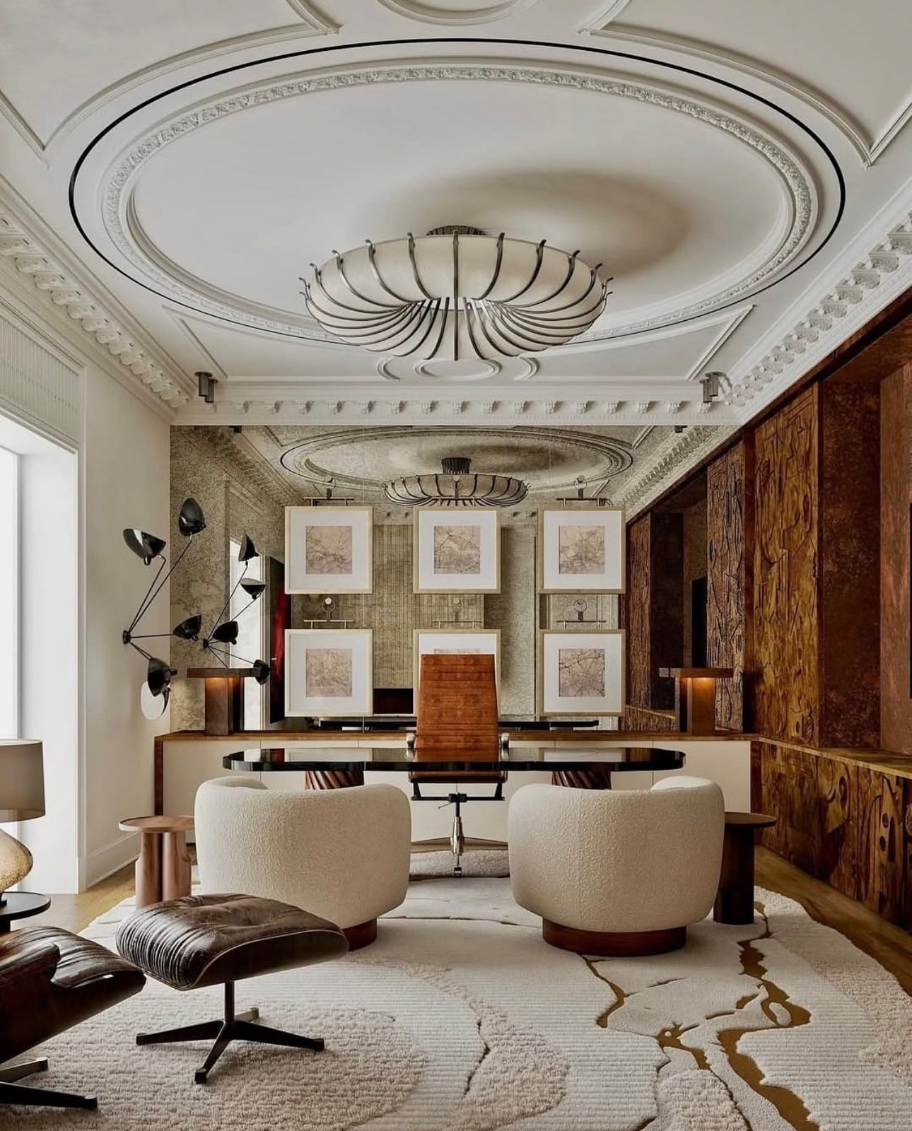 5. Grand Cream Office with Ornamental Ceiling Design - professional office decor ideas