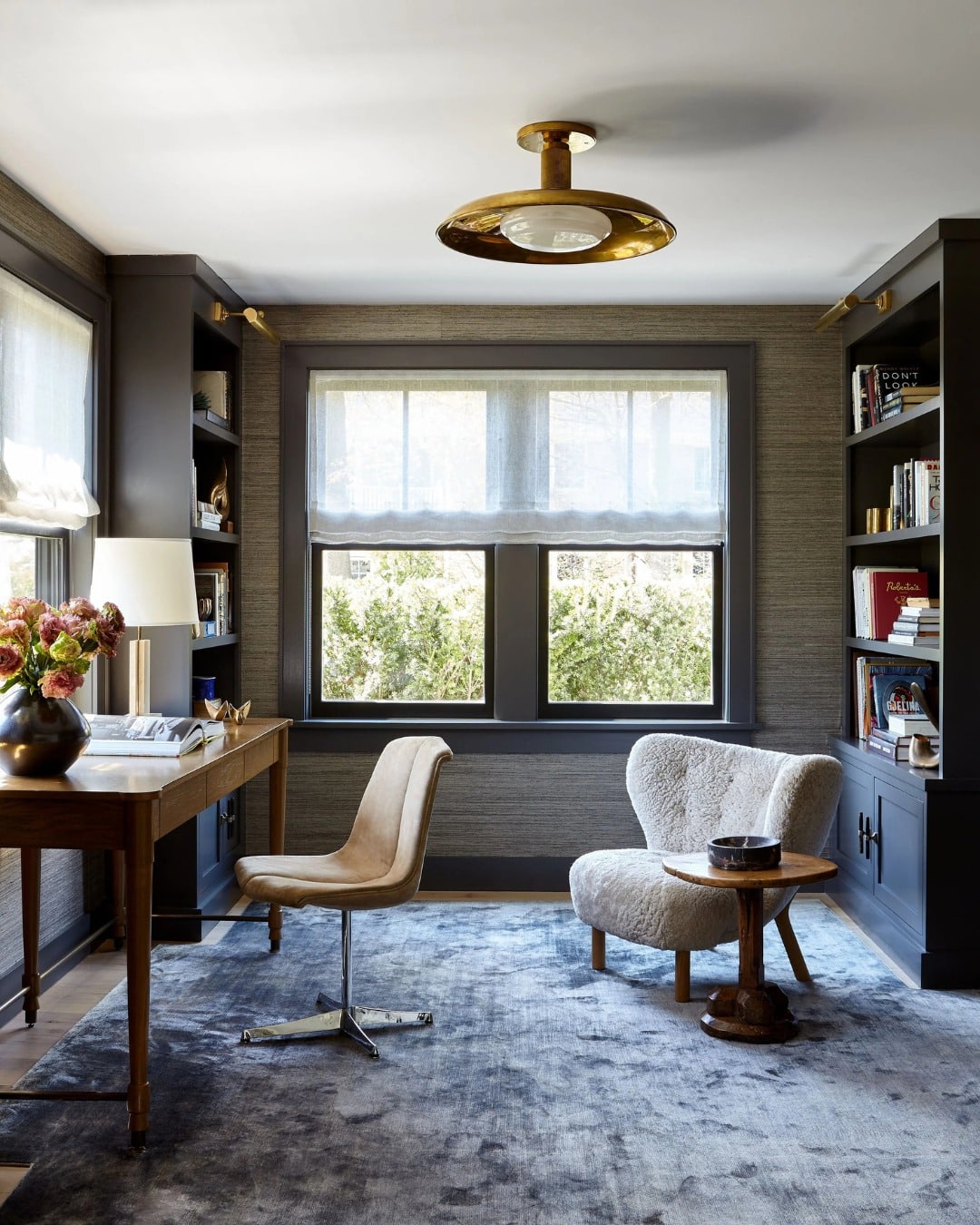 6. Taupe and Espresso Home Office with Cozy Lounge Seating - professional office decor ideas