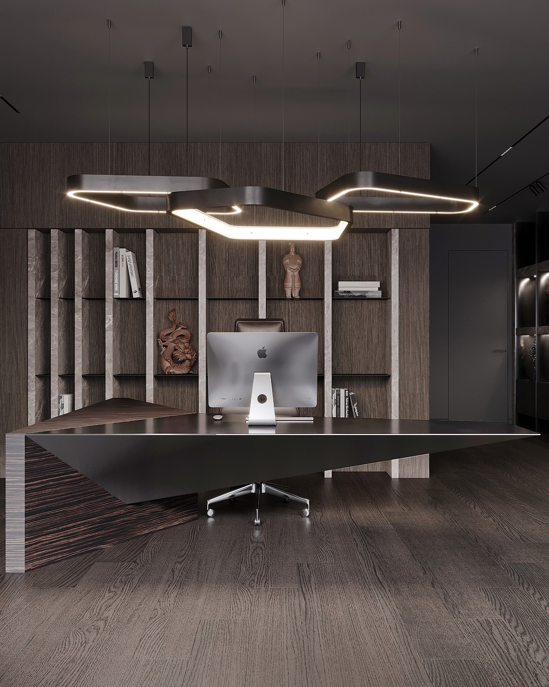 8. Modern Espresso Office with Geometric Lighting - professional office decor ideas
