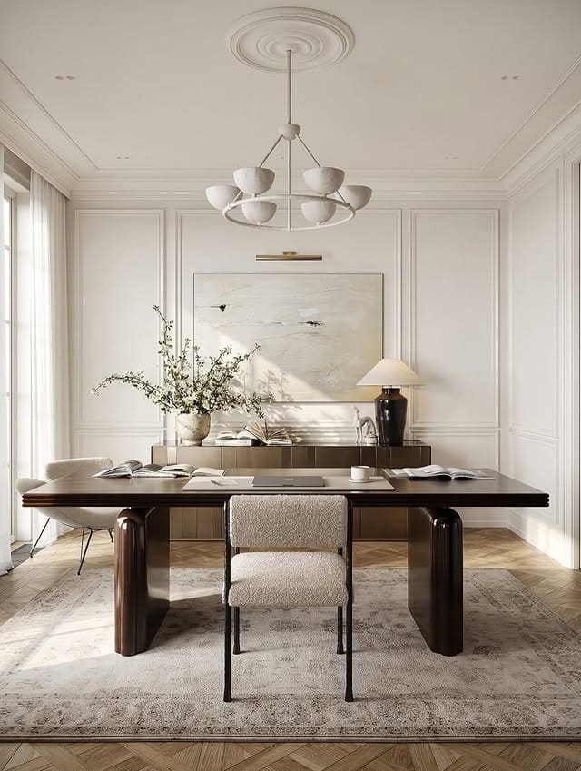 9. Cream White Office with Sculptural Furnishings - professional office decor ideas