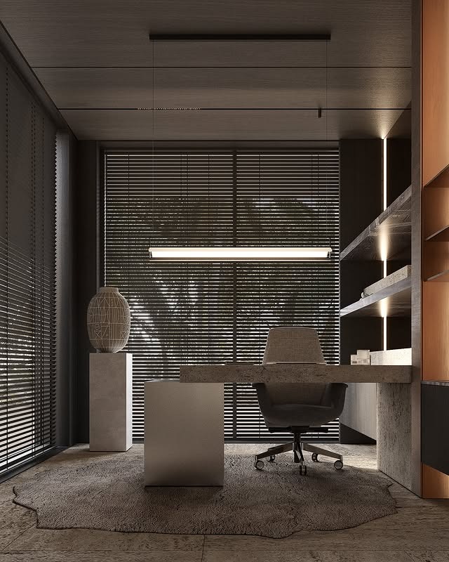 11. Taupe Minimalist Office with Architectural Lighting - professional office decor ideas